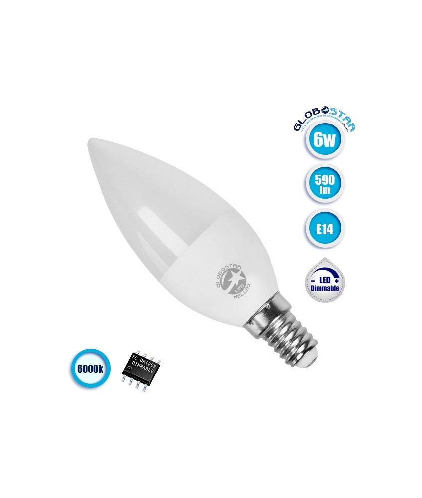 GloboStar® 77456 Λάμπα LED E14 Κεράκι C37 6W 230V 590lm 260° Ψυχρό Λευκό 6000k Dimmable